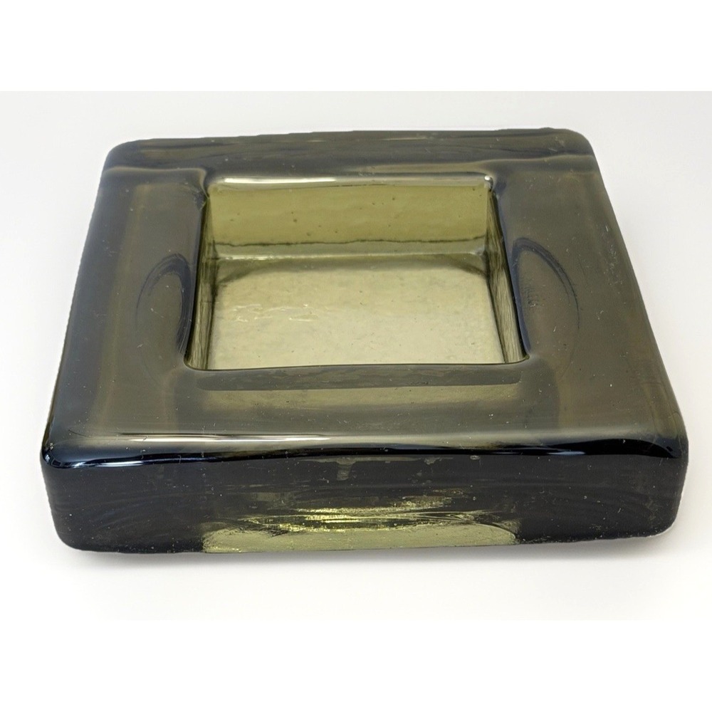 MCM Art Glass Table Decor Smoky Green Square Trinket Dish Catchall Retro VTG 6"